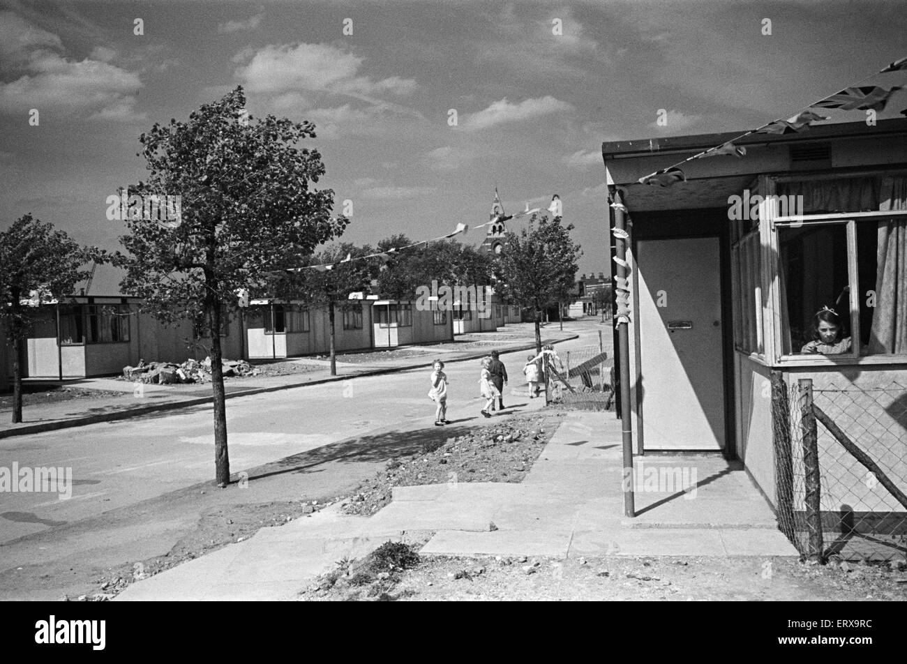 Dockland Maisons, Isle of Dogs. Les familles s'installe à maisons, vers 1946. Banque D'Images