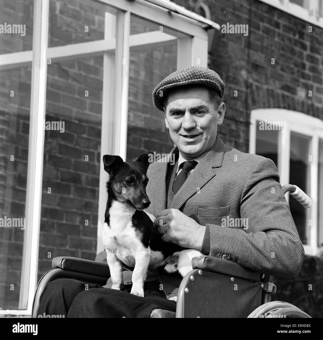 Jockey Champion Tim Brookshaw ne le matin en direction de sa colline de sternes, Shropshire, ferme dans son fauteuil roulant avec son épouse Joan. 19 mars 1964. Banque D'Images