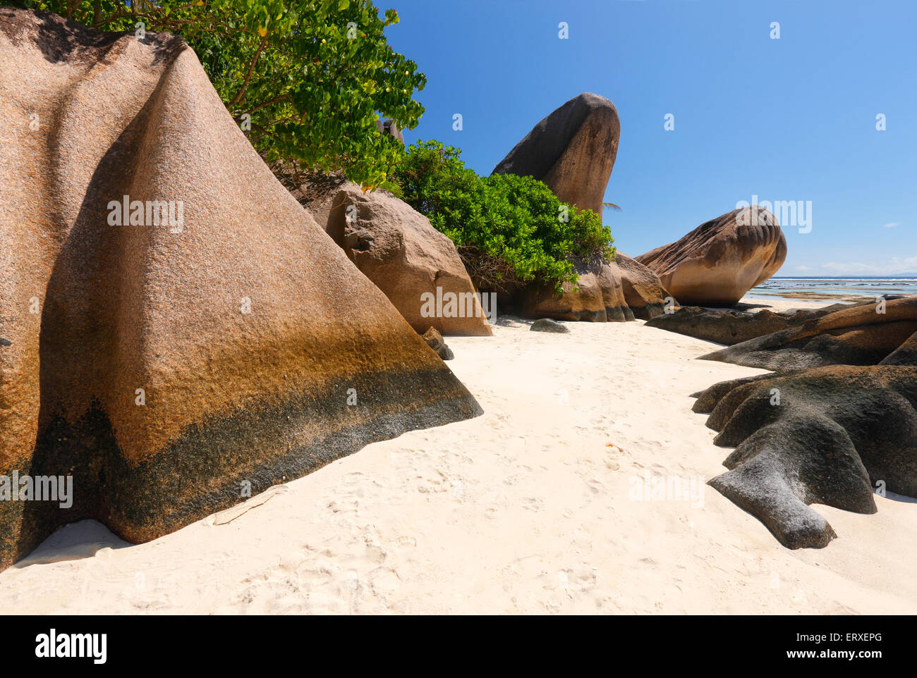 Seychelles plage pittoresque, La Digue Banque D'Images