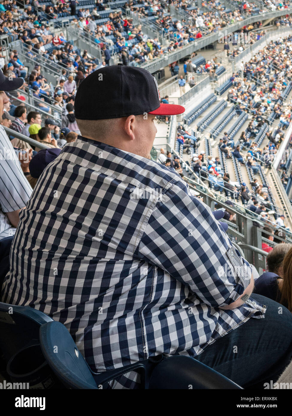 Grand fan d'hommes regardant Jeu, Yankee Stadium, Bronx, New York Banque D'Images
