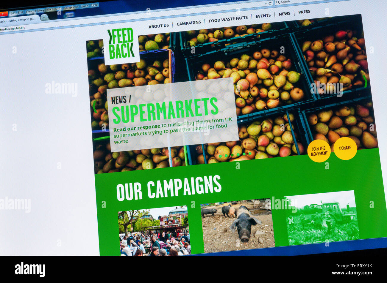 Page d'accueil du site web de campagne contre le gaspillage alimentaire de supermarché. Banque D'Images