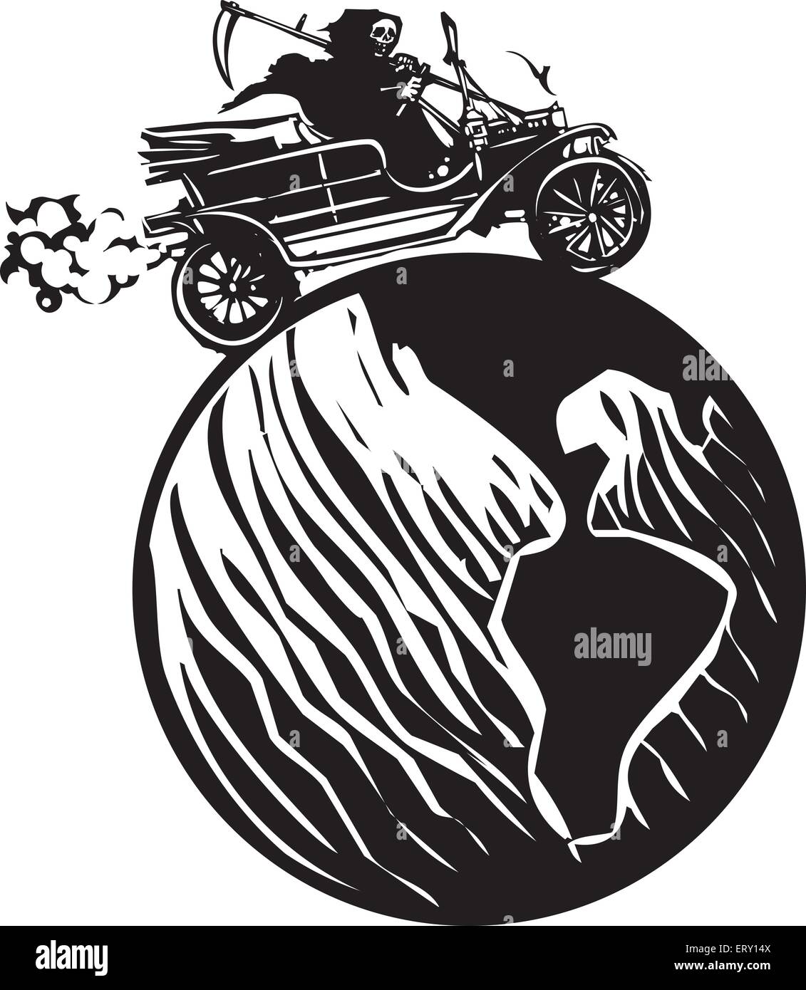 Xylographie expressionniste style image de la faucheuse la mort au volant d'une voiture d'époque à travers le monde Illustration de Vecteur