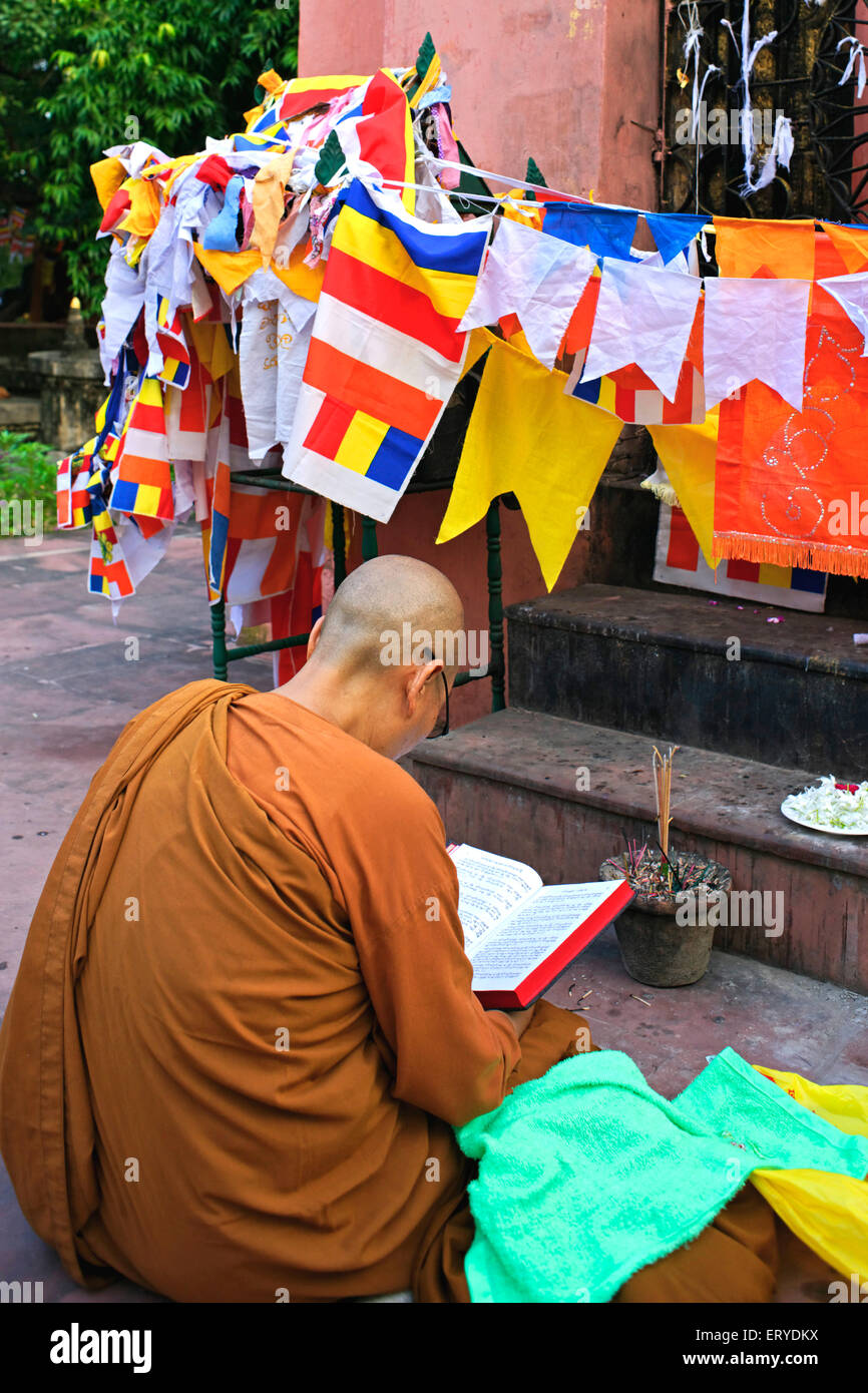 Lecture livre saint moine au patrimoine mondial de l'UNESCO ; temple de la Mahabodhi Bodhgaya ; ; ; Inde Bihar Banque D'Images