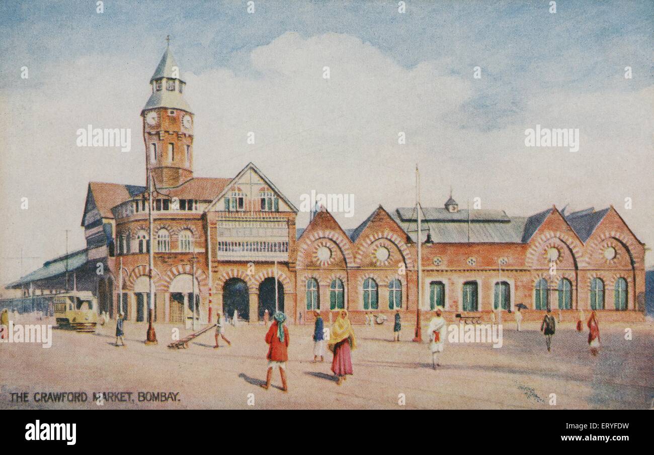 Ancienne photo rétro de 1900 couleur main de Crawford Market Bombay Mumbai Maharashtra Inde Asie Banque D'Images