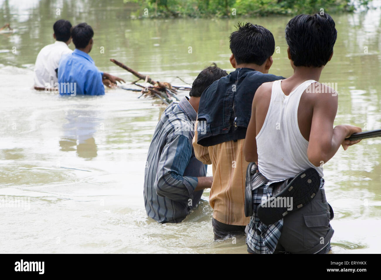 Les crues de la rivière Kosi en l'an 2008 qui a subi le plus souvent sous le seuil de pauvreté les gens dans Purniya ; district de Bihar en Inde ; Banque D'Images