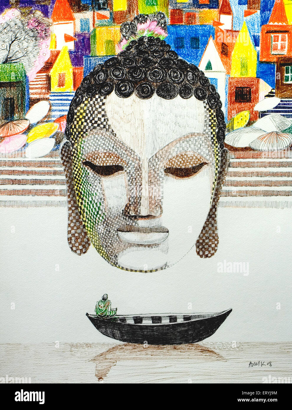 Peinture de bouddha et varanasi ghat ; Uttar Pradesh en Inde ; Banque D'Images