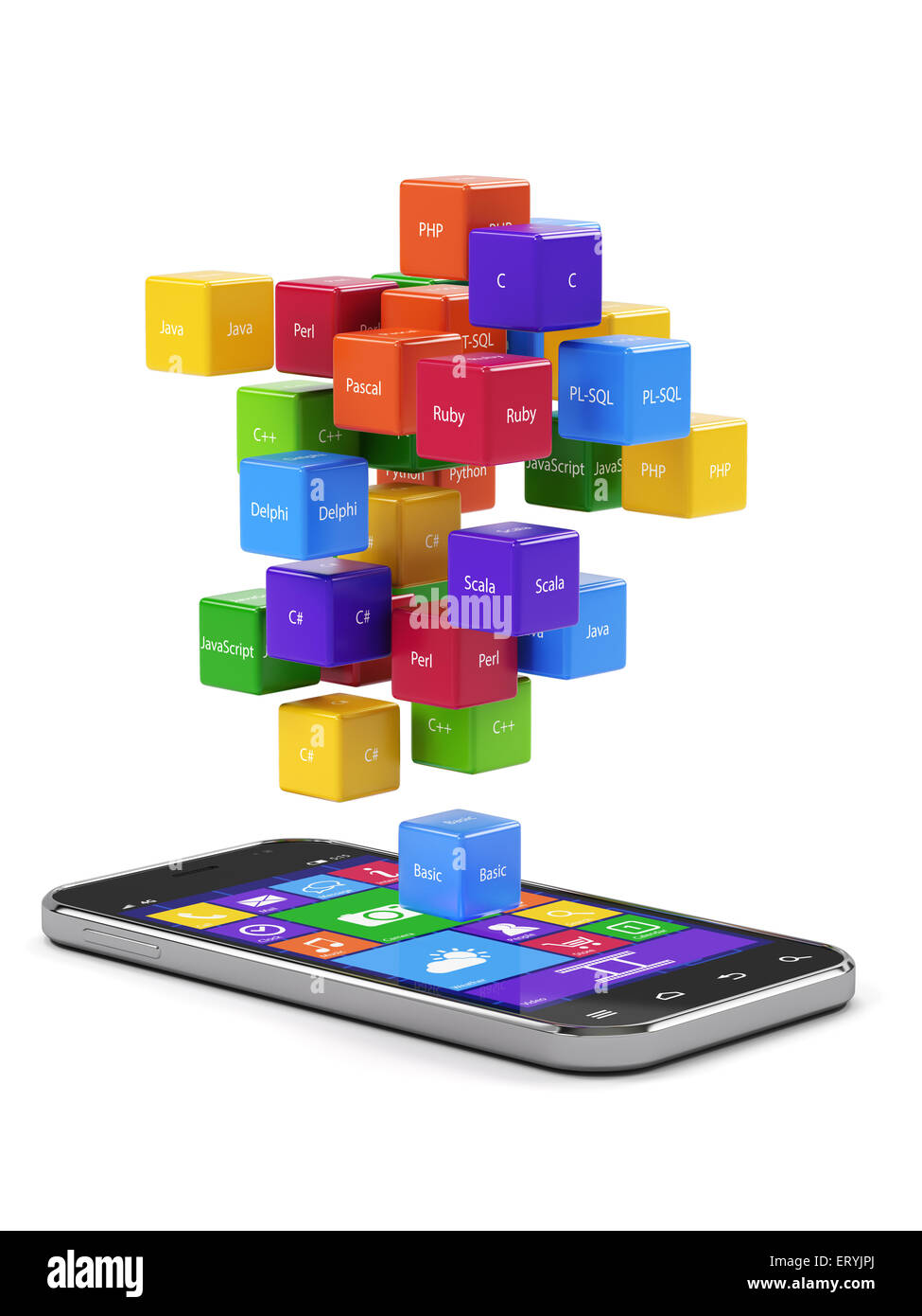 Concept de programmation. Code machine différentes boîtes colorées langues isolé sur fond blanc Banque D'Images