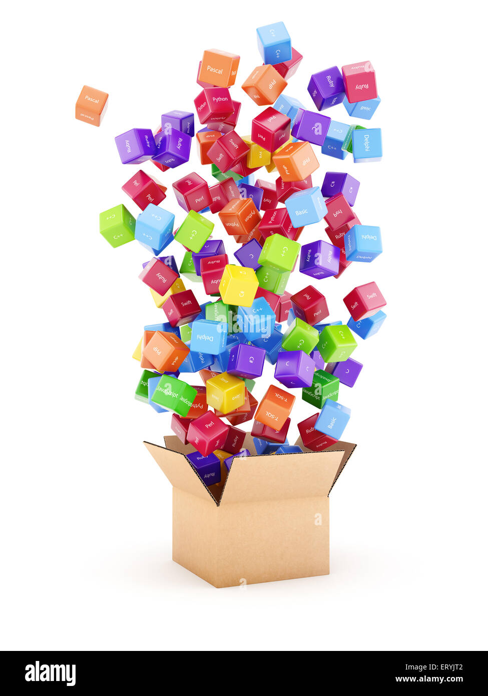 Concept de programmation. Code machine différentes boîtes colorées langues isolé sur fond blanc Banque D'Images