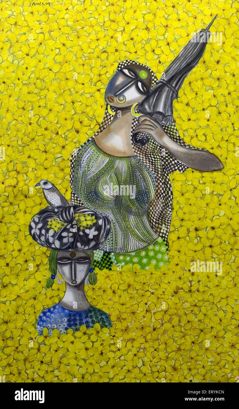 Peinture de femme de village avec parapluie et fille dans le champ de fleur Banque D'Images