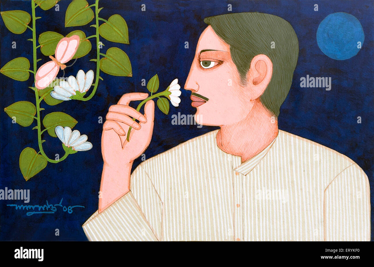 Peinture par Lalu Prasad Shaw homme sentant la fleur Banque D'Images