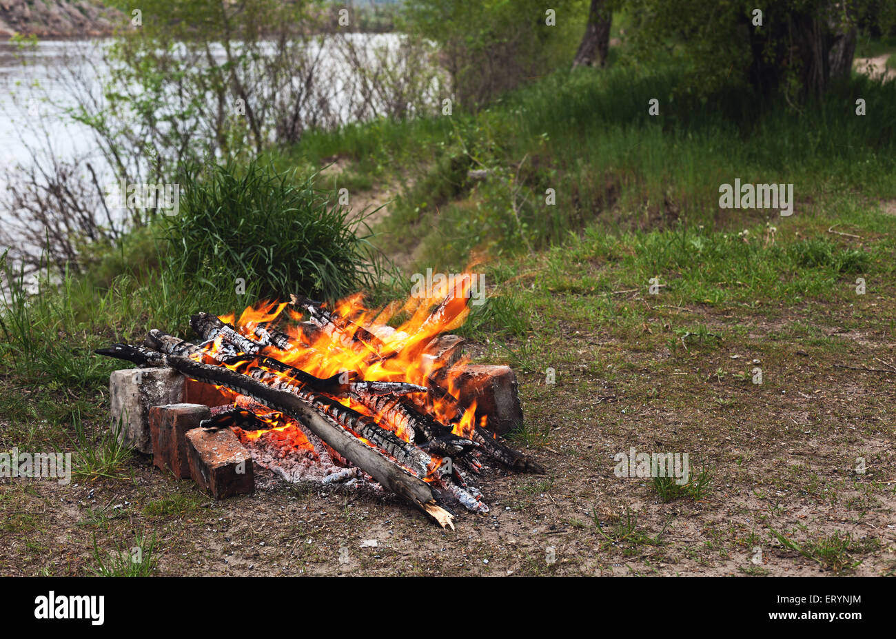 Feu de forêt au printemps. Les charbons de feu. Crépuscule en Ukraine Banque D'Images