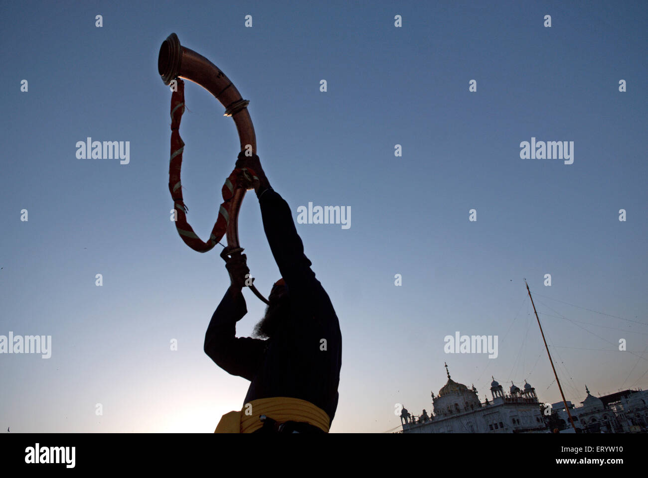 Sikh Devotee Blowing trompette , Takhat Sachkhand Shri Hazur Abchalnagar Sahib Gurudwara , Nanded , Marathwada , Maharashtra , Inde , Asie Banque D'Images Sikh Devotee Blowing trompette , Takhat Sachkhand Shri Hazur Abchalnagar Sahib Gurudwara , Nanded , Marathwada , Maharashtra , Inde , Asie Banque D'Images