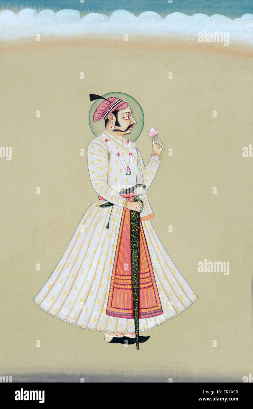 Peinture miniature, Amar Singh, Maharana Amar Singh I, Maharana de Mewar, 14ème Rana de la dynastie Mewar de Sisodia Rajputs, Udaipur, Inde, millésime 1600s Banque D'Images