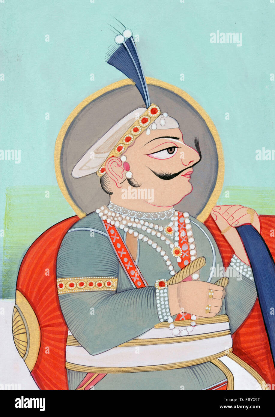 Peinture miniature, Maharaja Prithviraj Chauhan, Ajmer, Prithviraja III, Rai Pithora, Dynastie Chahamana, Sapadalaksha, Inde, Asie, vieux millésime 1100s Banque D'Images