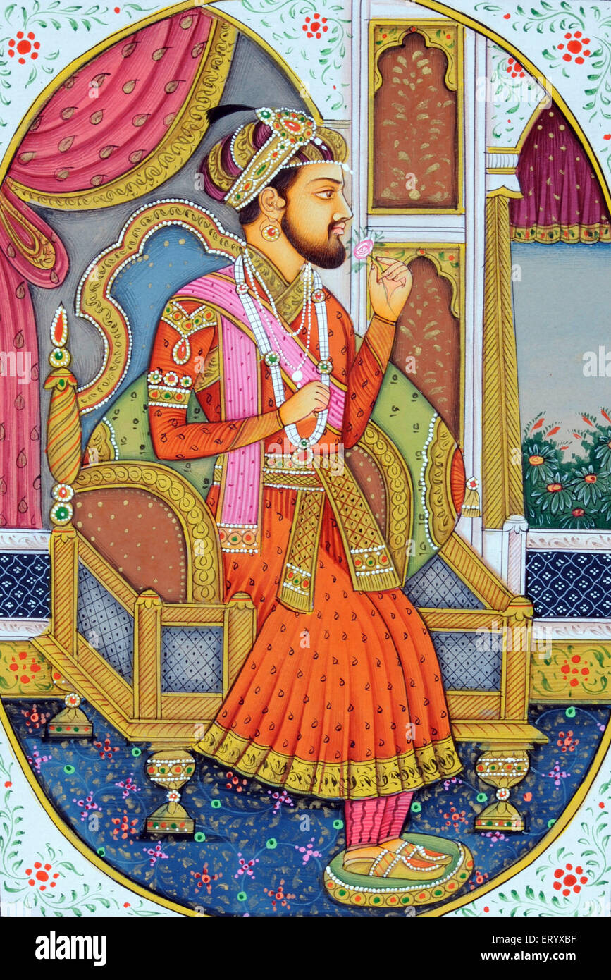 Peinture miniature de l'empereur moghol Shah Jahan assis sur son trône et sentant une fleur rose ; Inde ; Asie Banque D'Images