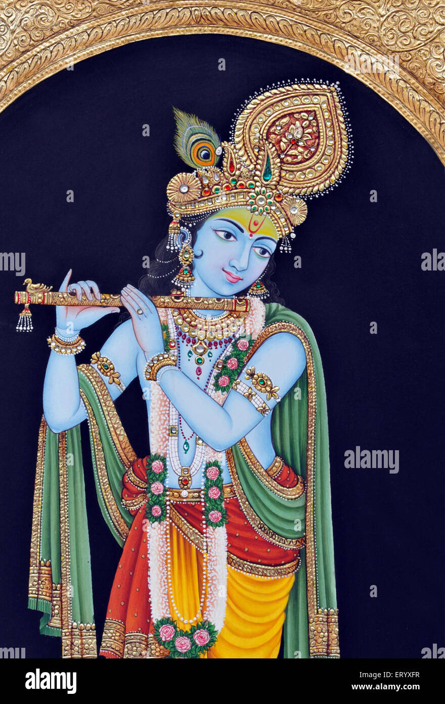 Dieu Lord Krishna jouant de la flûte d'instruments de musique peinture miniature Inde Asie Indien asiatique Banque D'Images