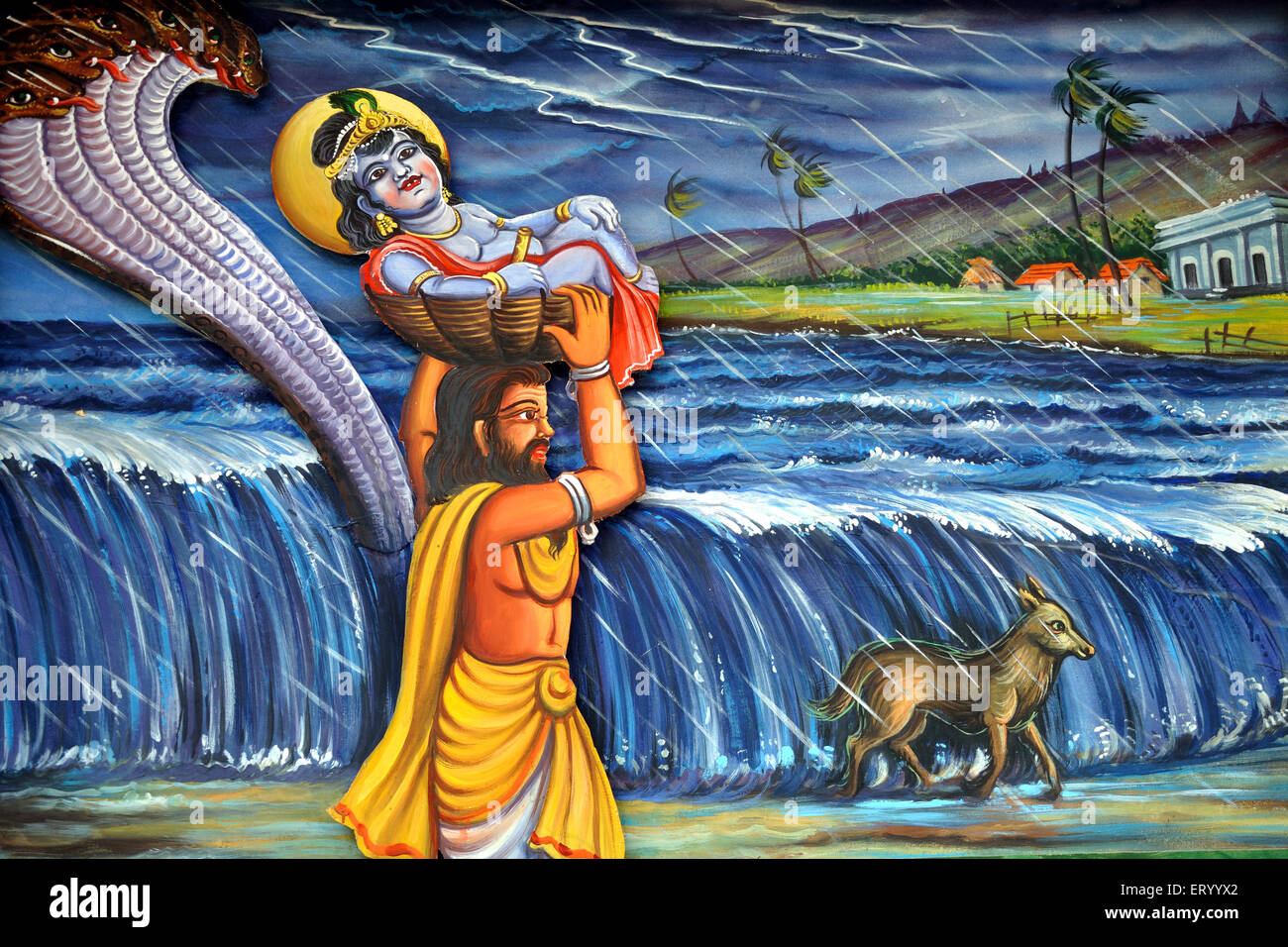 Mythologie indienne , Shri Krishna Leela , Vasudev avec bébé Krishna traversant la rivière Yamuna , Banque D'Images