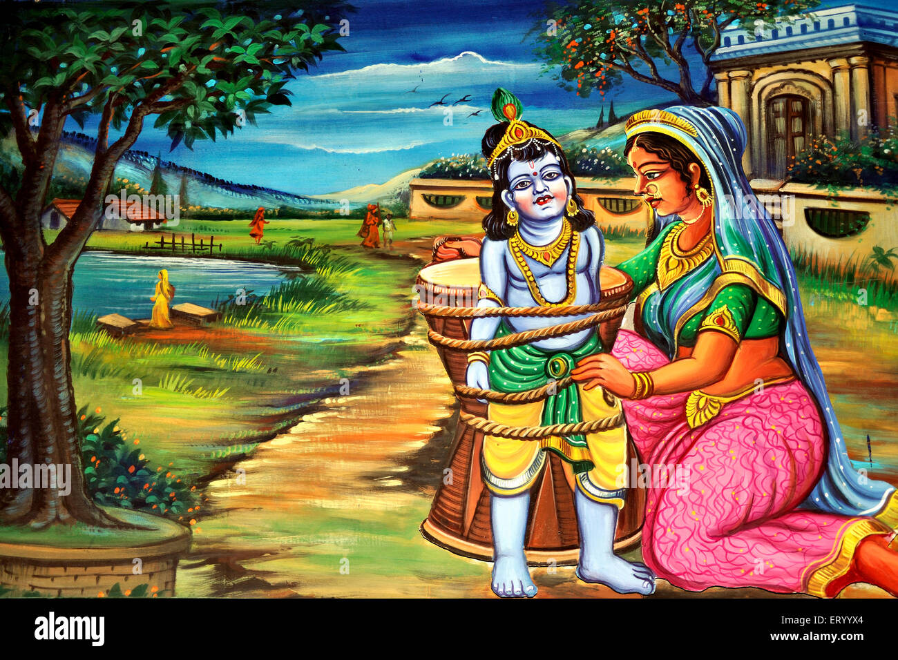 Mythologie indienne , Shri Krishna Leela , yashoda liant krishna , Banque D'Images