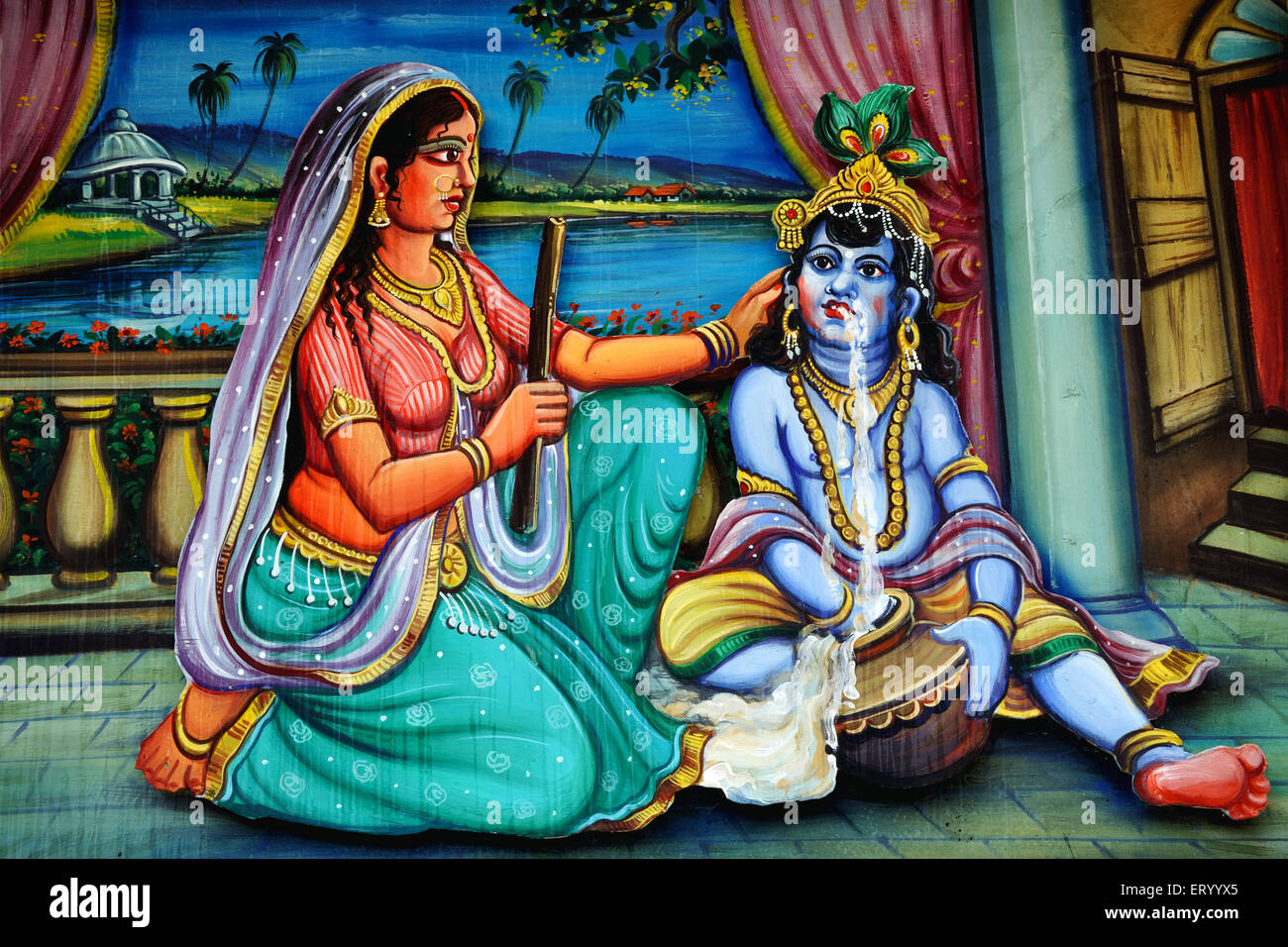 Mythologie indienne , Shri Krishna Leela , yashoda attrapant krishna voler le beurre , Banque D'Images