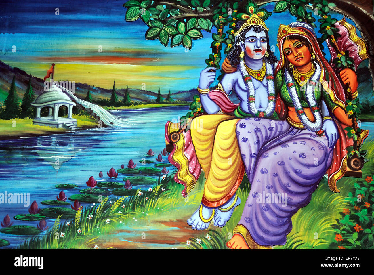 Mythologie indienne , Shri Krishna Leela , radha krishna sur une balançoire , Banque D'Images