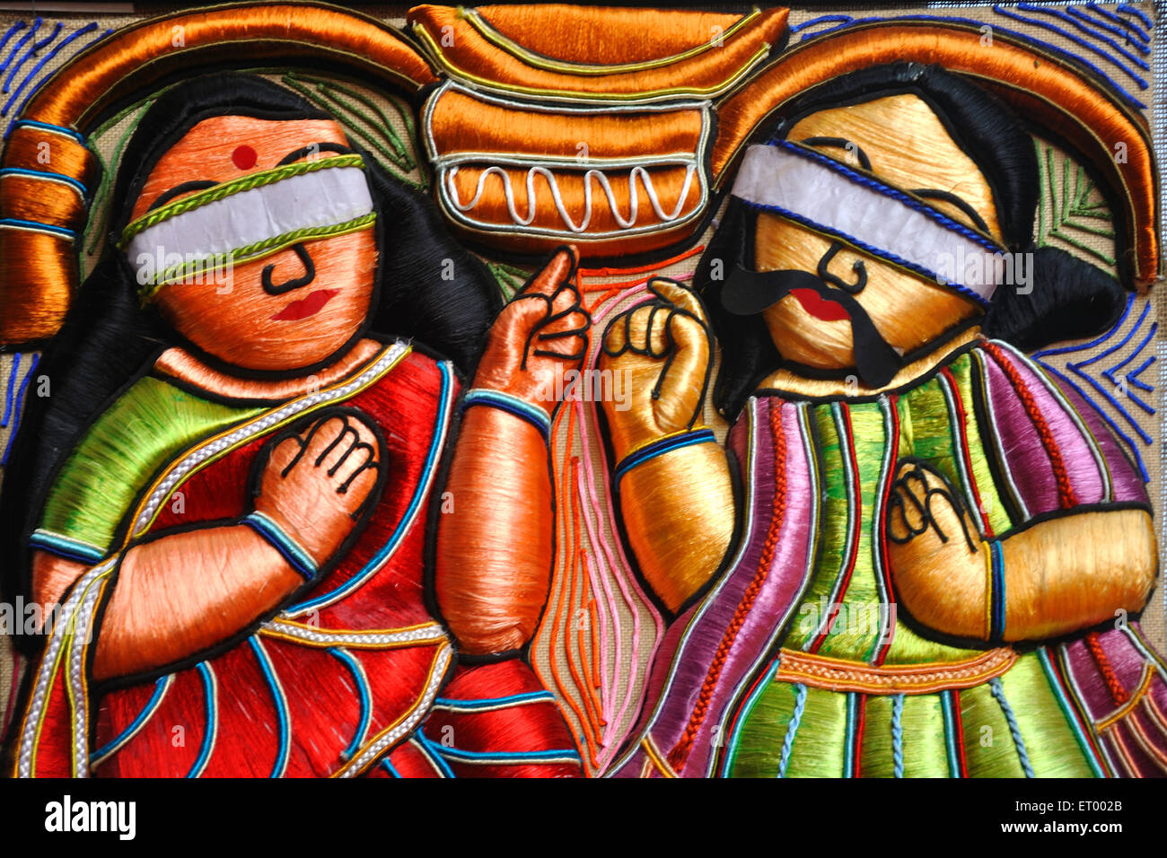 Mythologie indienne Mahabharata , Dhritarashtra et Gandhari portant les yeux bandés , Chiffon thread art , Calcutta , Kolkata , Bengale occidental , Inde , Asie Banque D'Images