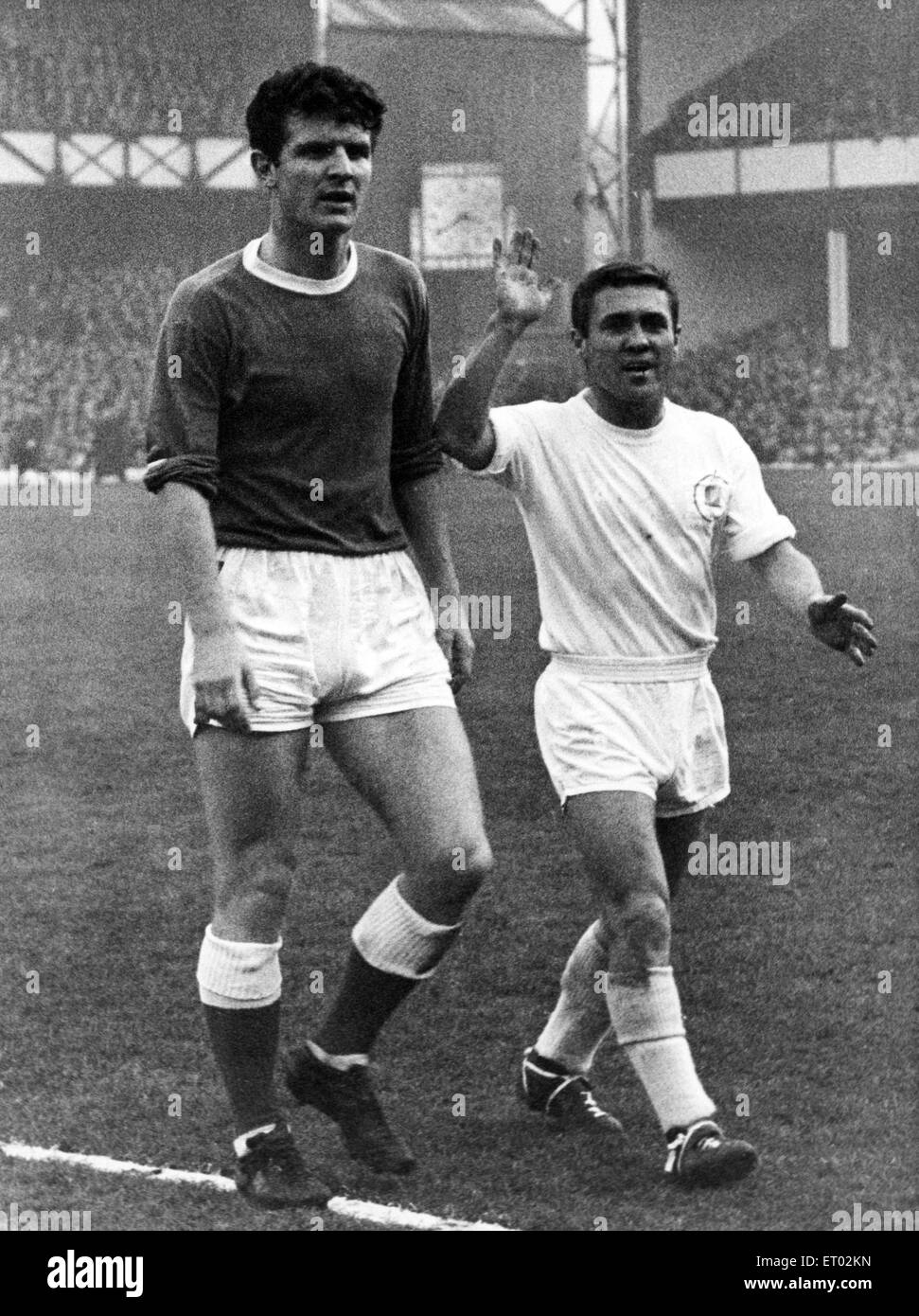 La Division anglaise 1 match Everton 0 -1 Leeds à Goodison Park. Avec l'horloge à 15h40 Everton's Brian Labone et Leeds' Bobby Collins, les deux capitaines, à pied de l'arbitre de champ après Mr K Stokes avait arrêté le jeu. 7e novembre 1964. Banque D'Images