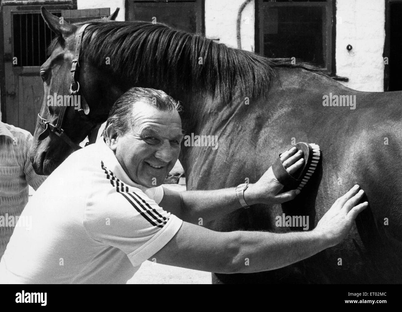 Manager de Liverpool Bob Paisley photographié à l'écurie de son ami Frank Carr à Malton, Yorkshire. On le voit ici cheval de ponçage du pont 'Hit'. 10 juillet 1979. Banque D'Images