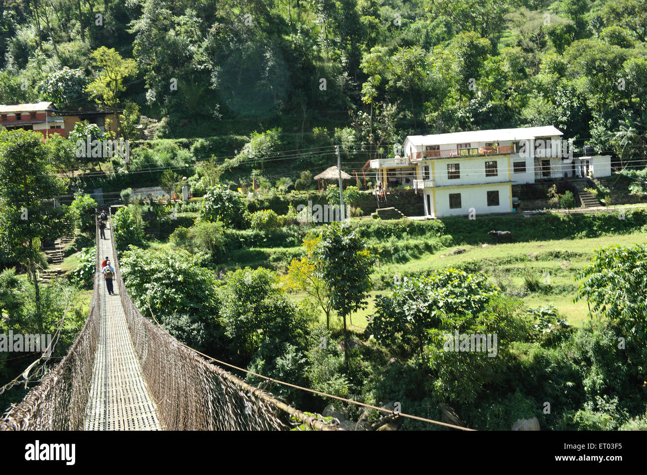 Pont suspendu sur la rivière Marsyangdi , Bhulbhule , Lamjung , Gandaki , Népal , République fédérale démocratique du Népal , Asie du Sud , Asie Banque D'Images