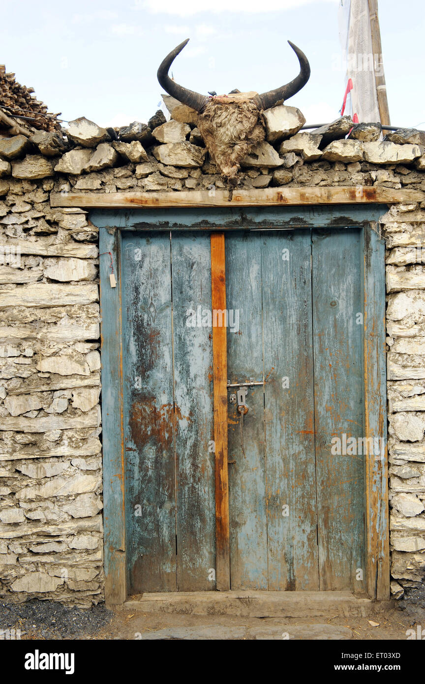 Crâne de Buffalo sur la porte d'entrée , Jharkot , Mustang , Dhaulagiri , Muktinath , Népal , République fédérale démocratique du Népal , Asie du Sud , Asie Banque D'Images