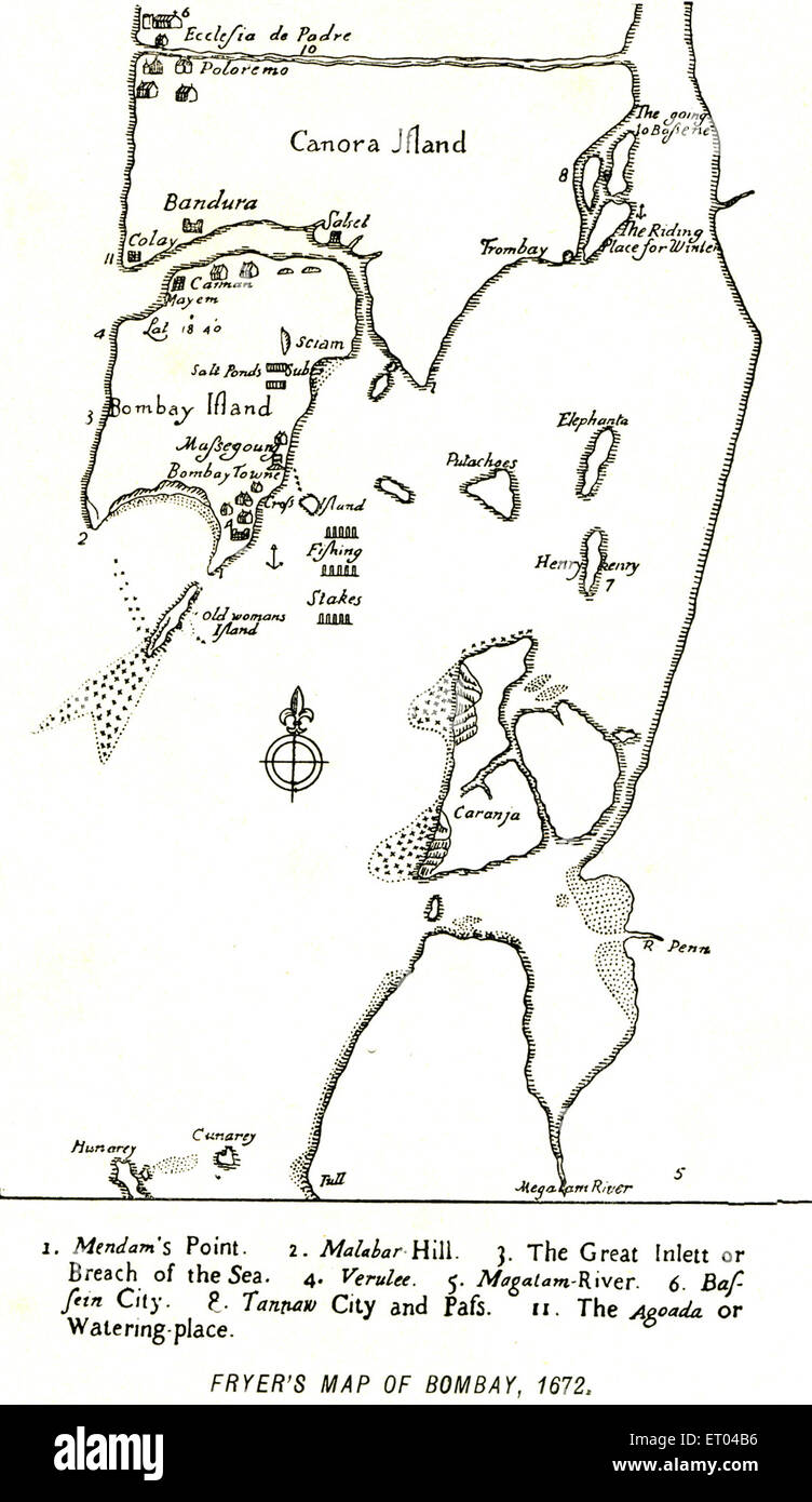 La carte de Bombay ; Fryer's plan de Bombay Mumbai Maharashtra ; 1672 ; Inde ; Banque D'Images