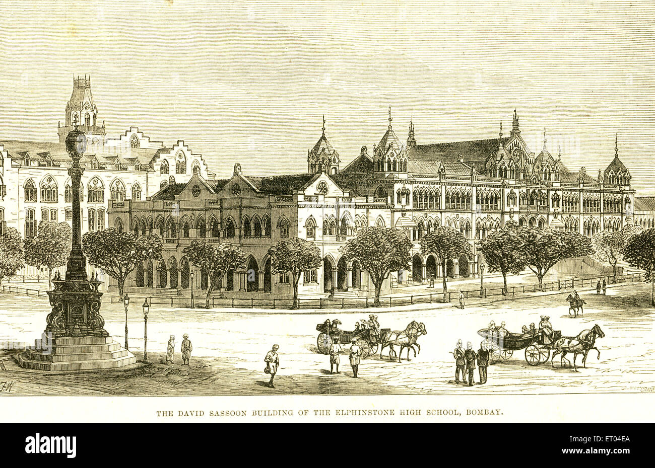 Ancienne gravure vintage 1800s David Sassoon Bâtiment de l'école secondaire Elphinstone Bombay maintenant Mumbai Maharashtra Inde Banque D'Images