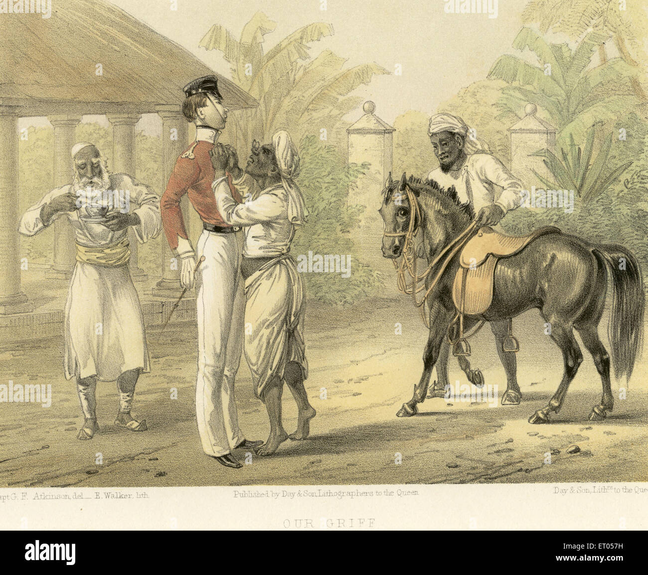 Images coloniales indiennes, servante esclave prenant soin de l'officier britannique, Inde, vieux vintage 1800s gravure Banque D'Images