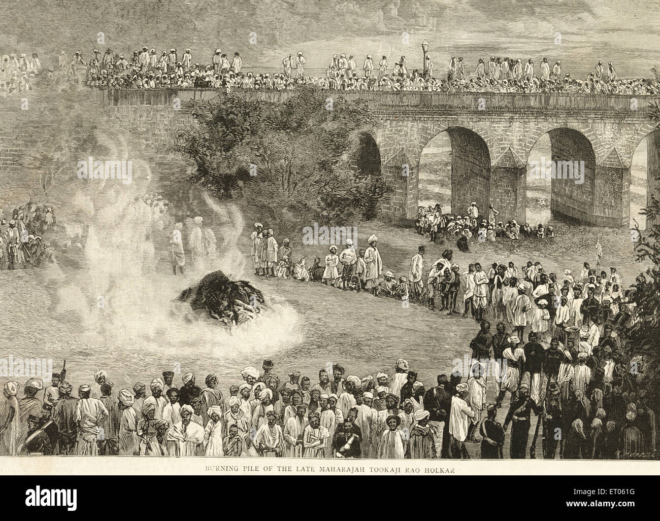 Vieux millésime 1800 peinture des funérailles de feu Maharajah Tookaji Rao Holkar , 24 juillet 1886 Inde Banque D'Images