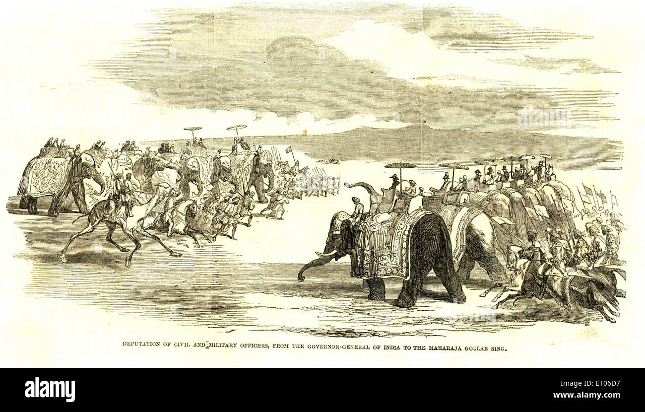 Délégation d'officiers civils et militaires du gouverneur général De l'Inde au Maharaja Gulab Singh de Jammu et Cachemire Inde ancien millésime 1800 Banque D'Images