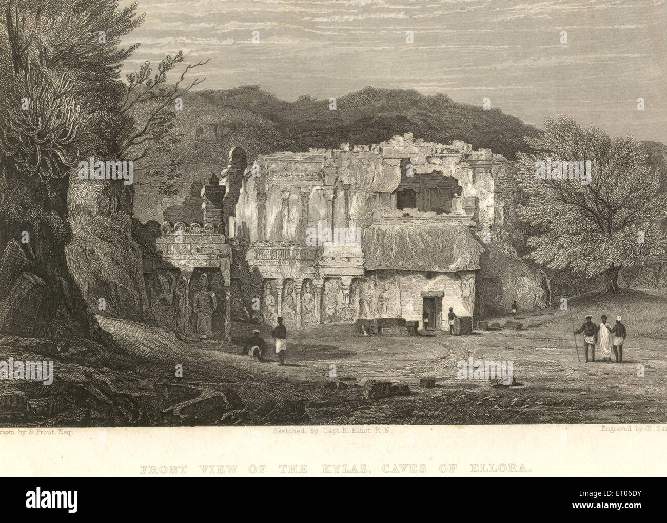 Vue de face du temple Kailasa , grottes d'Ellora , Aurangabad , Maharashtra , Inde , ancien millésime 1800 Banque D'Images