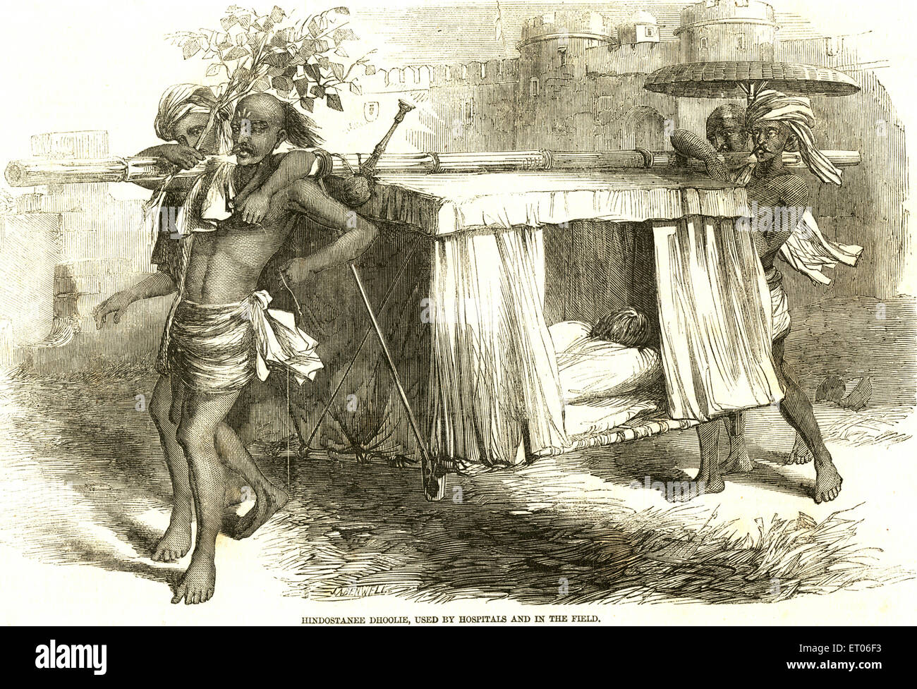 Palanquin , esclave coolie transportant le patient , Inde , ancien millésime 1800 Banque D'Images