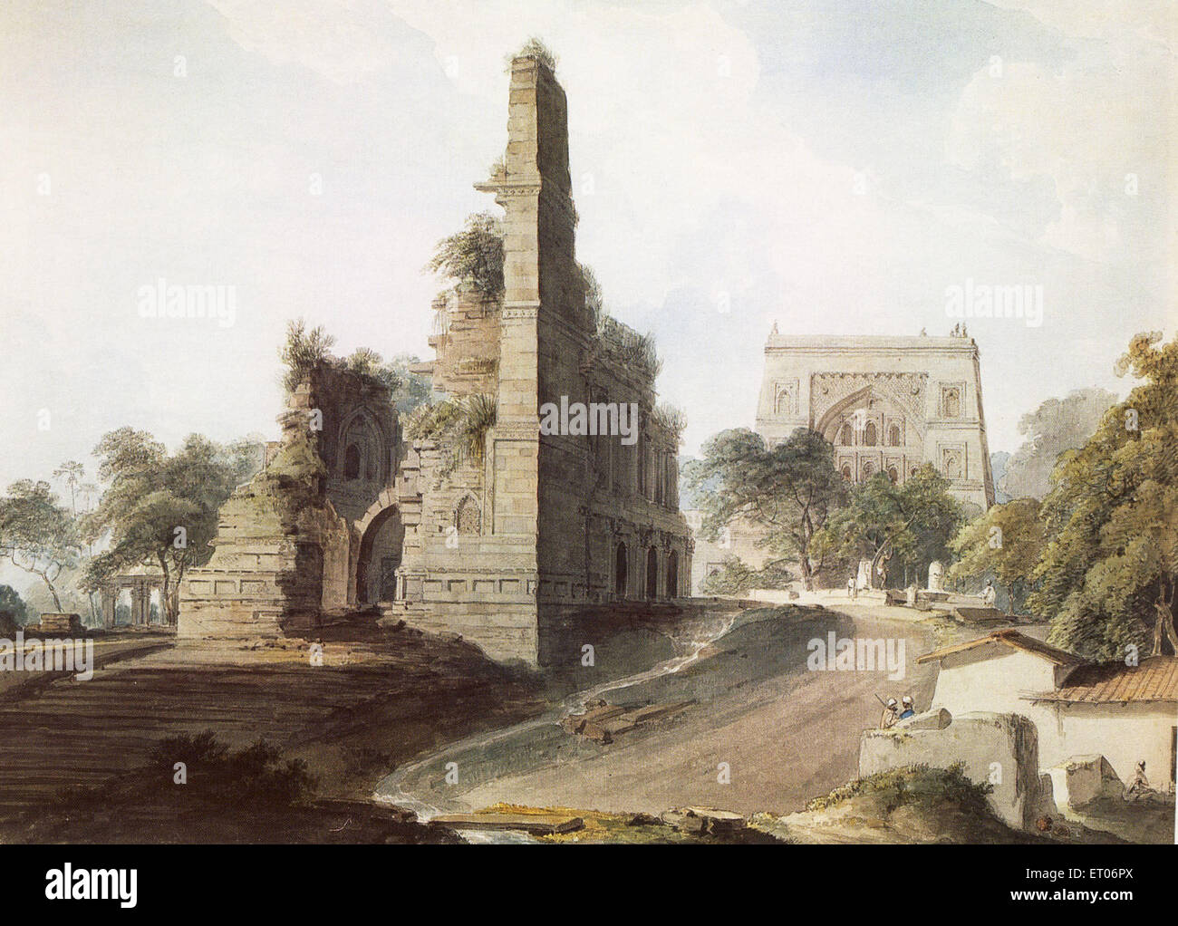 JAMA Masjid, mosquée Jama, Jami Masjid, Badi Masjid, Jaunpur, Uttar Pradesh, Inde, peinture d'aquarelle vintage 1700s de Thomas Daniell, 1749- 1840 Banque D'Images
