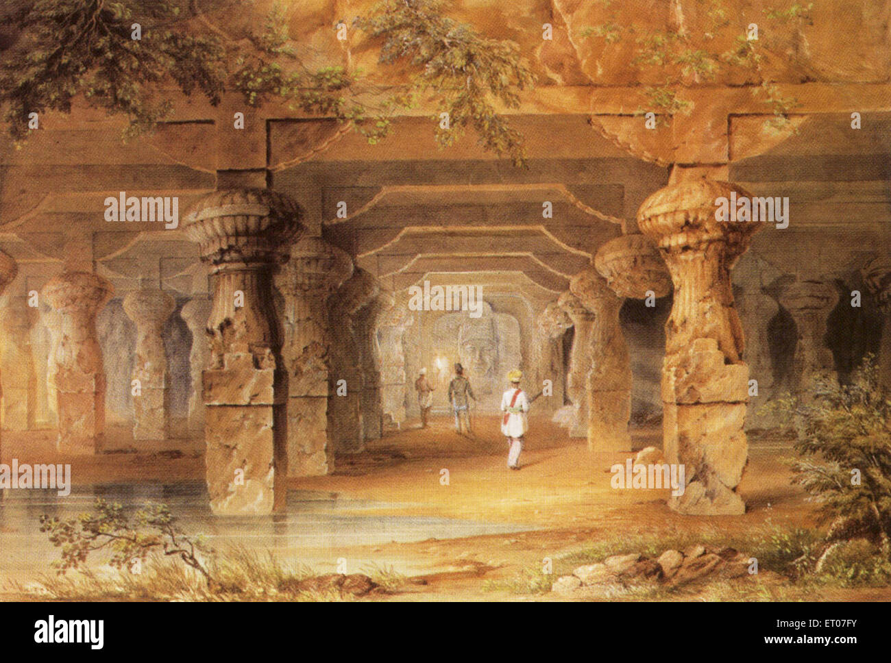 Grotte d'Elephanta, île d'Elephanta, Gharapuri, site du patrimoine mondial de l'UNESCO, Bombay, Mumbai, Maharashtra, Inde, Asie, vieille peinture vintage des années 1800 Banque D'Images