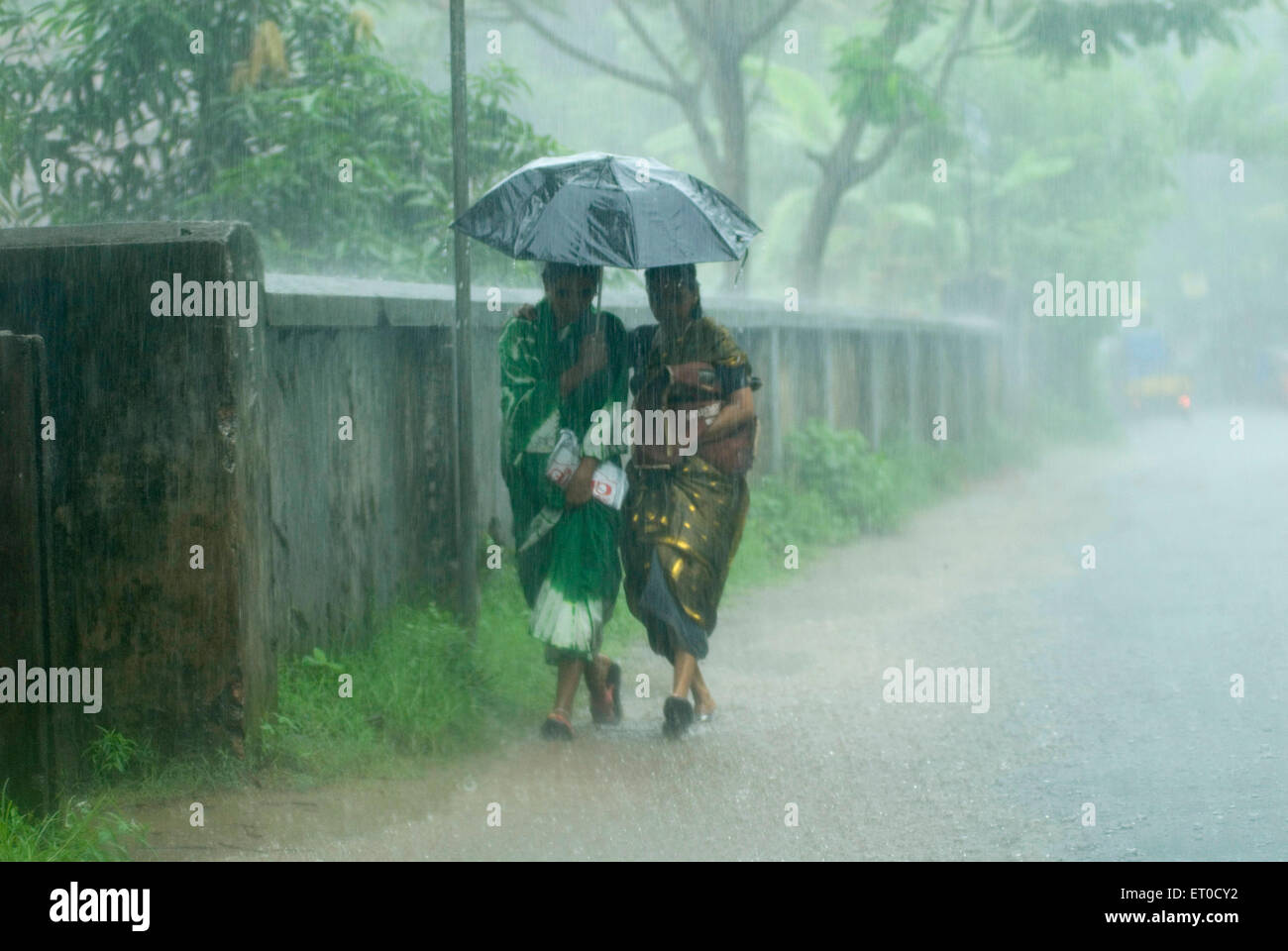 Deux femmes marchant sous un parapluie sous la pluie ; Kerala ; Inde mousson indienne Banque D'Images