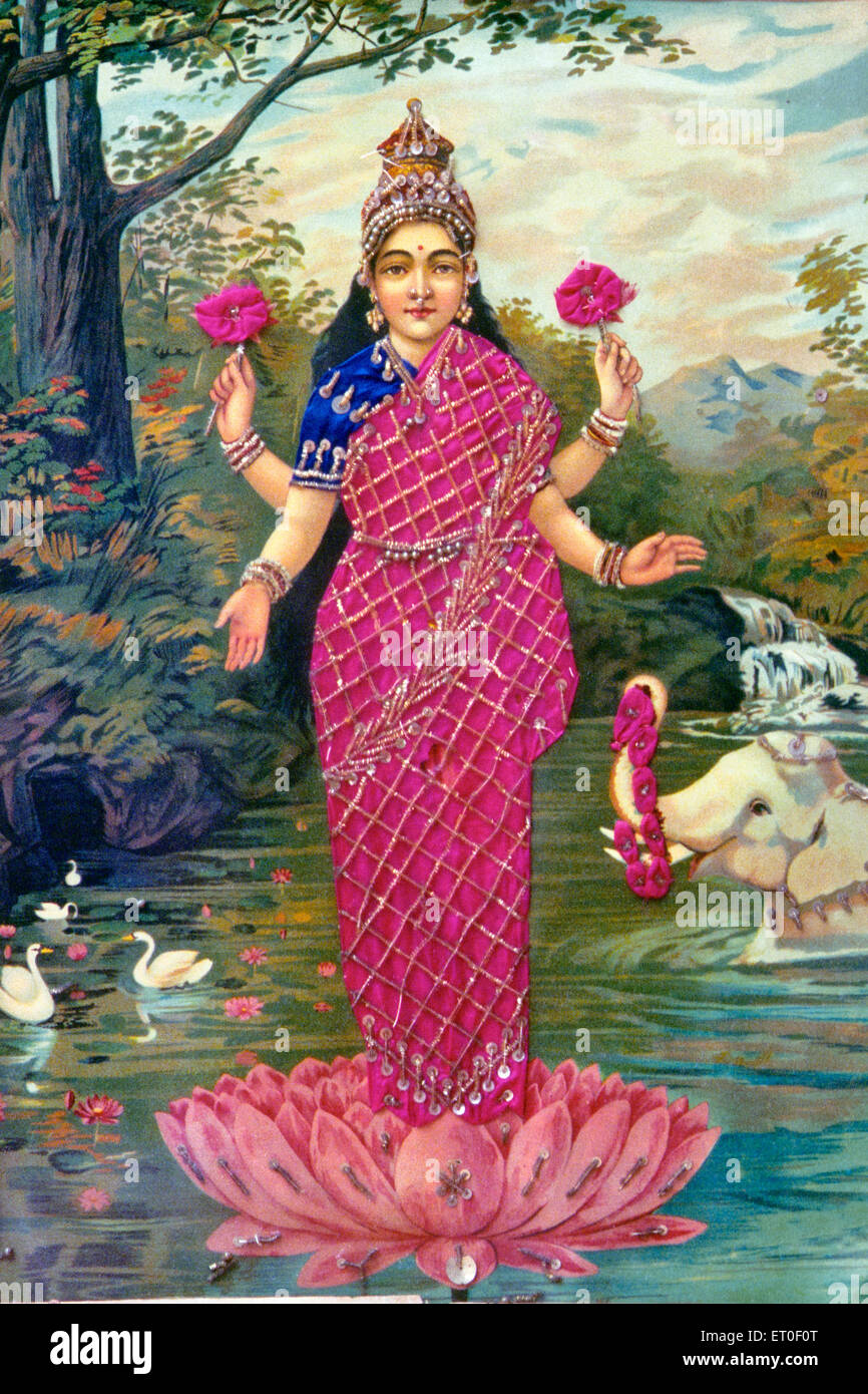 Déesse Lakshmi debout sur la peinture de fleur de lotus, nattukkottai chettiar home, chettinad, tamil nadu, inde, asie Banque D'Images