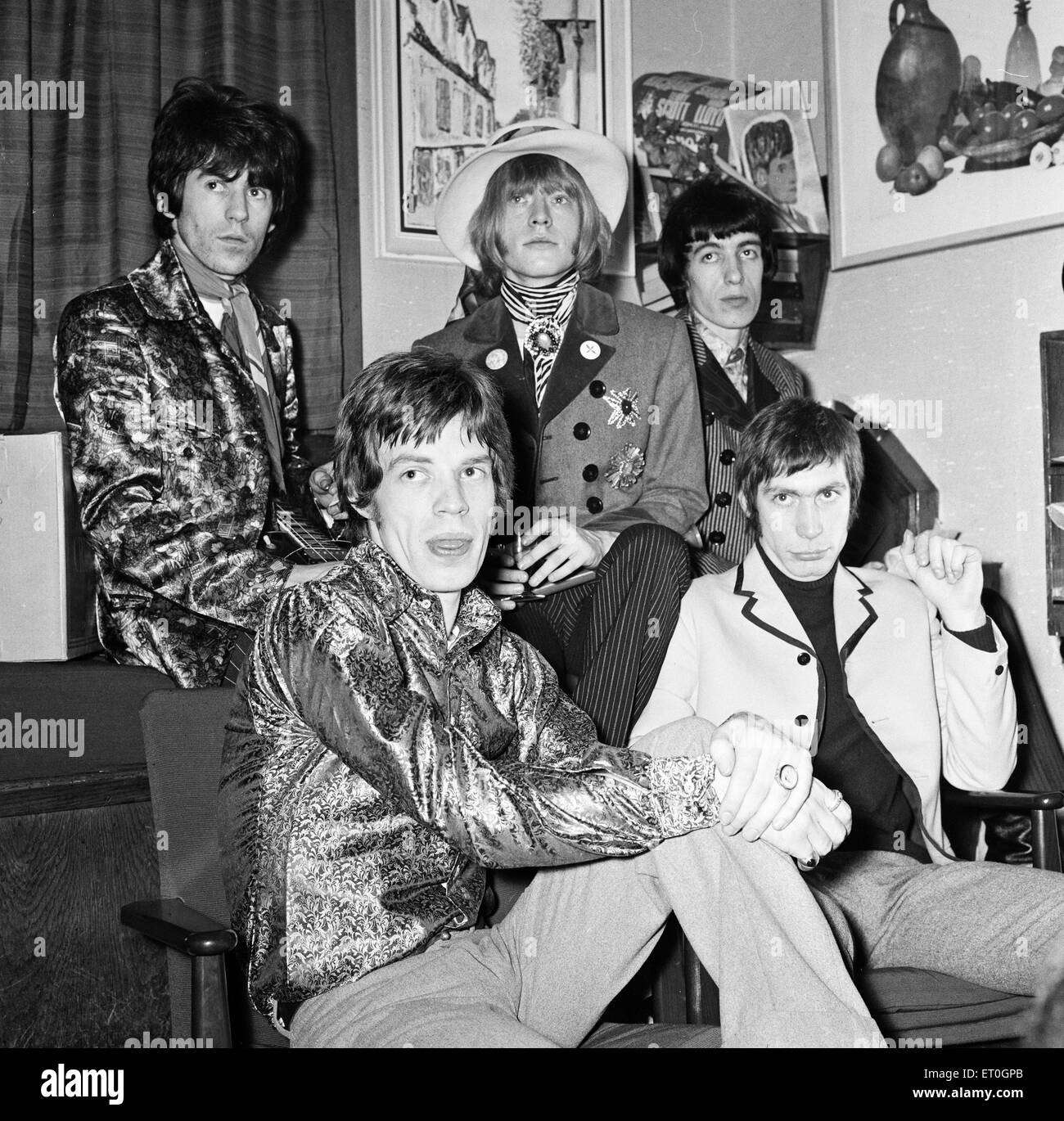 Rolling Stones on voit ici en répétition au London Palladium 22 janvier 1967. Mick Jagger, Keith Richards, Ronnie Wood, Brian Jones, Charlie Watts, Banque D'Images