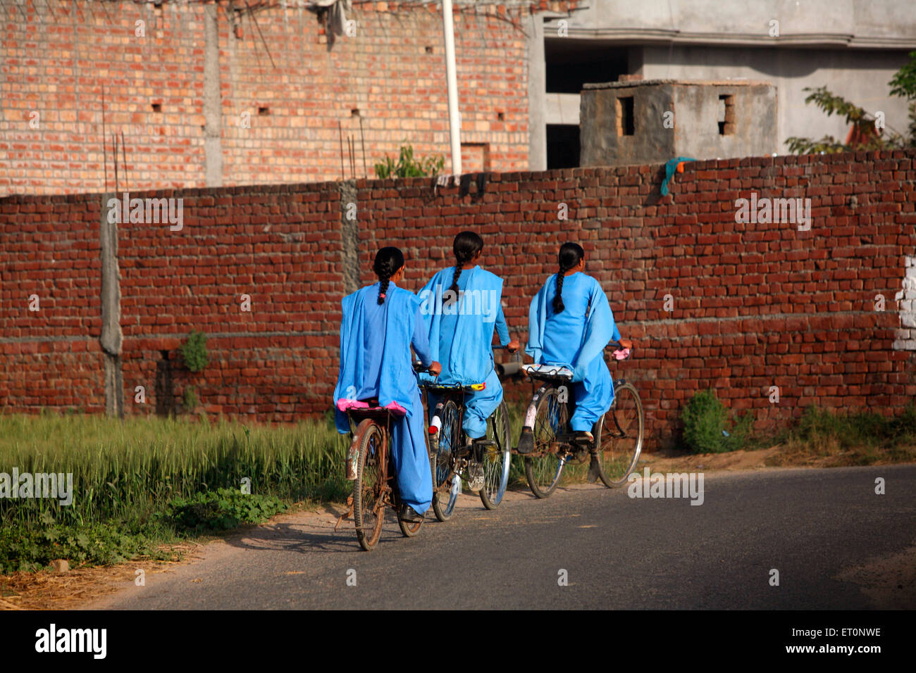 Les jeunes filles revenant de l'école au village près de Baba Bakala, à Amritsar, Punjab ; Inde ; Banque D'Images