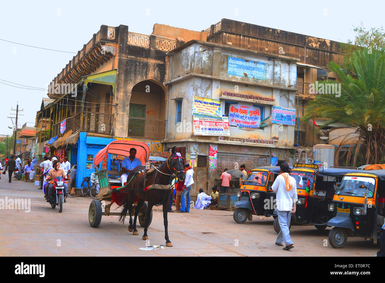 Chariot à cheval avec moto autos sur le marché ; Fatehpur Shekhavati ; Rajasthan ; Inde ; Asie Banque D'Images
