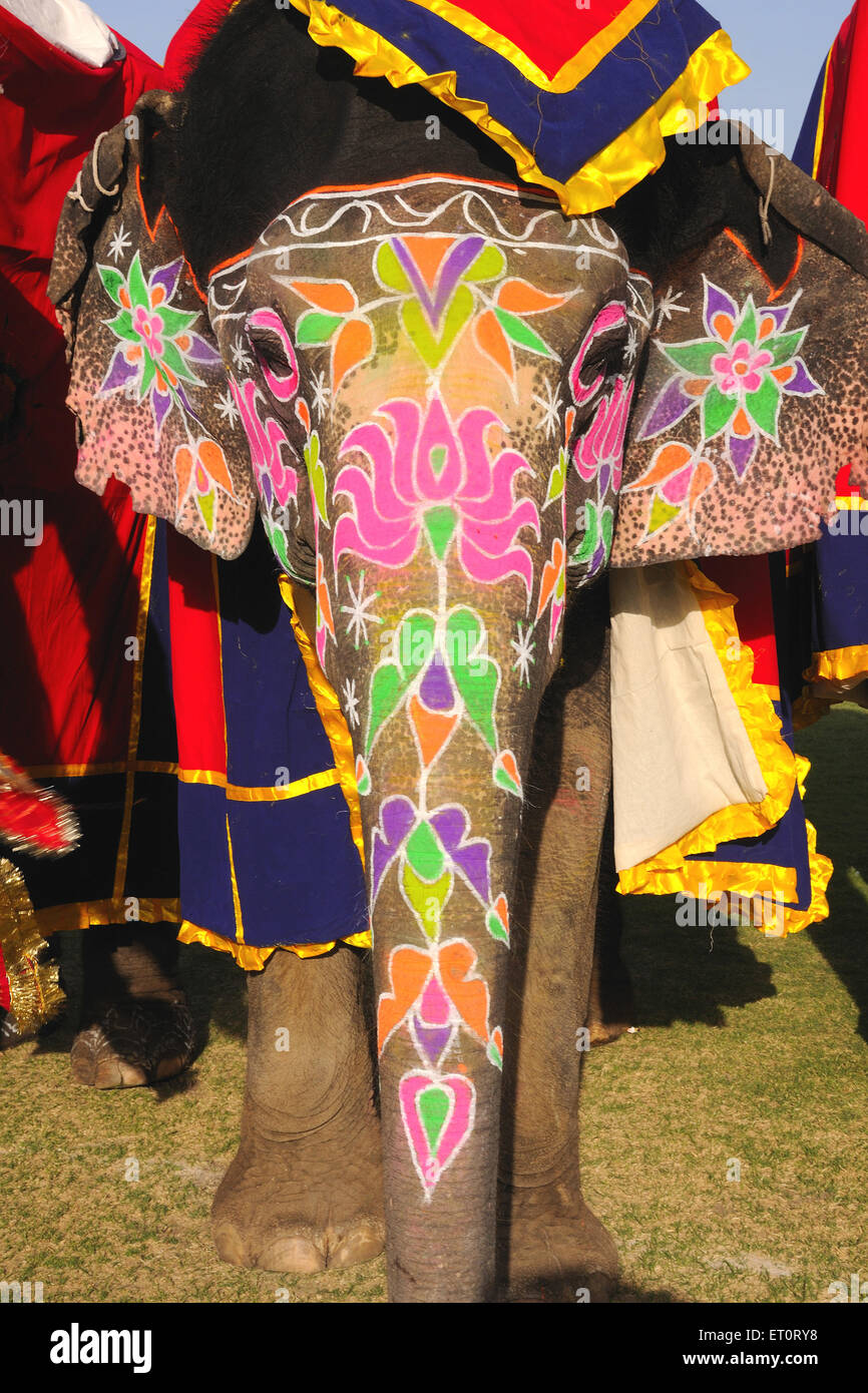 éléphant peint, éléphant décoré, décoration d'éléphant, parade d'éléphant, festival d'éléphant. Jaipur, Rajasthan, Inde, festivals indiens Banque D'Images