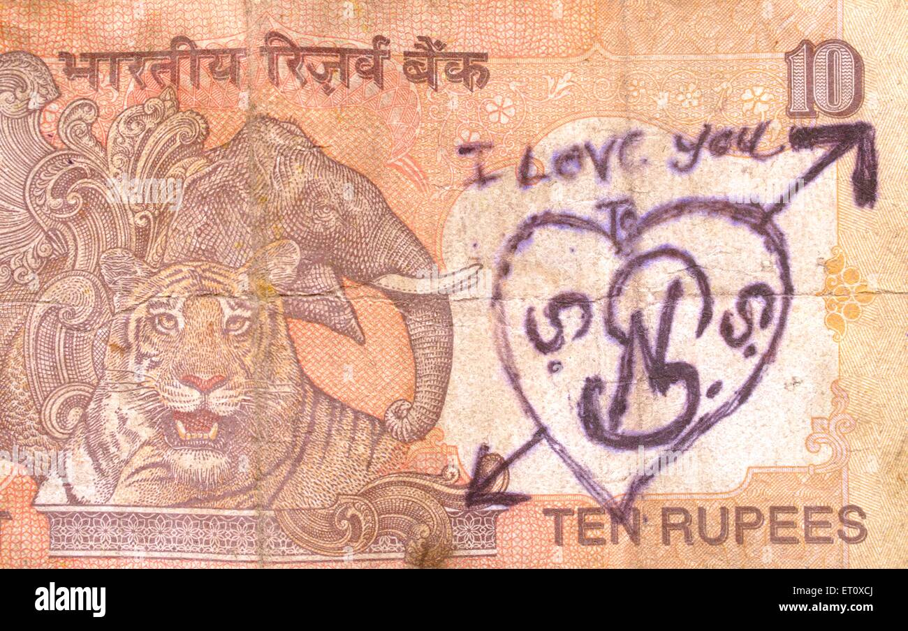 Monnaie note avec I Love You écrit en anglais et coeur dessin Banque D'Images