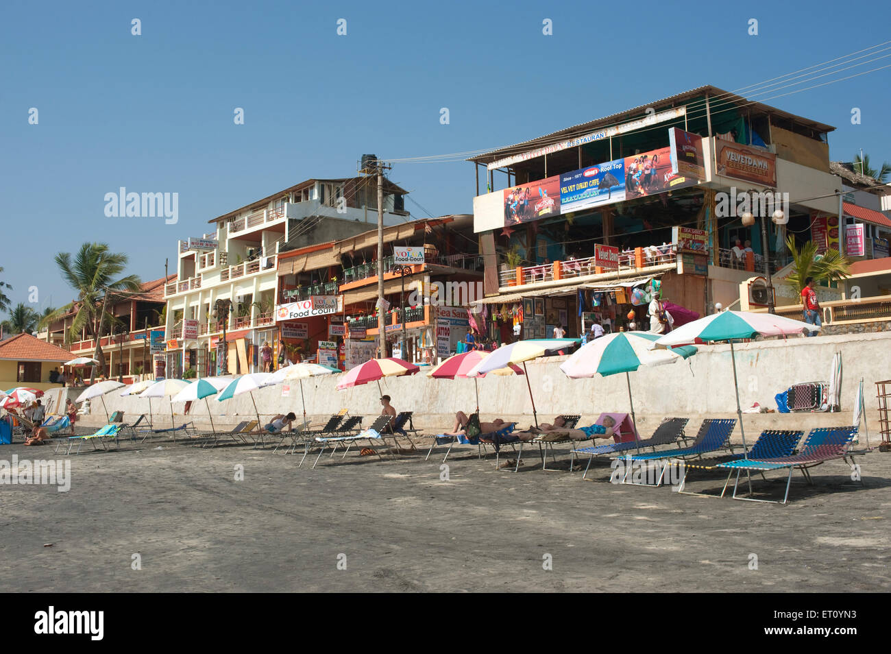 Parasols et chaise de repos à la plage de kovalam ; Trivandrum ; Thiruvananthapuram ; Kerala ; Inde ; Asie Banque D'Images