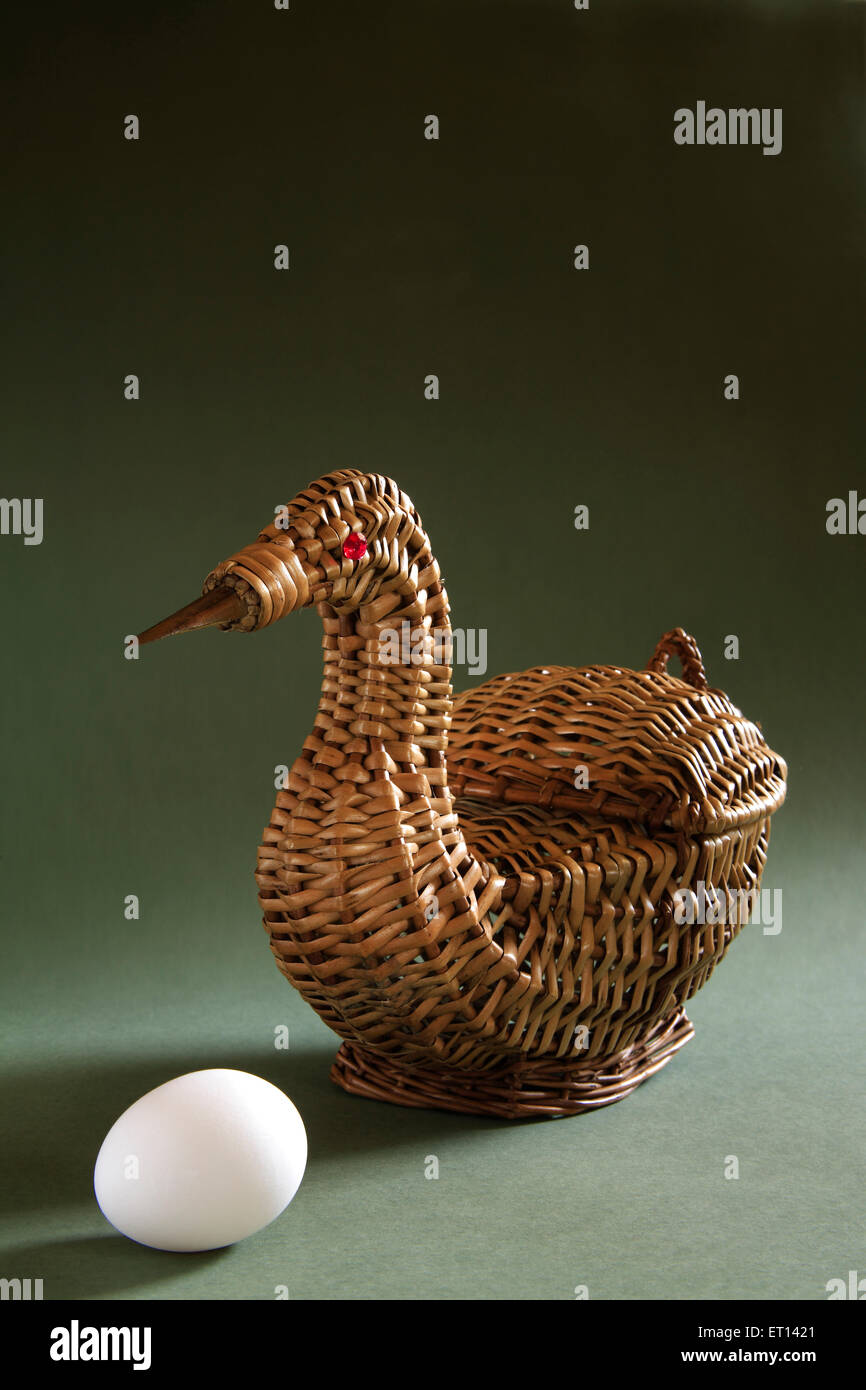 Panier canne artistique forme de canard avec seul oeuf sur fond vert Banque D'Images