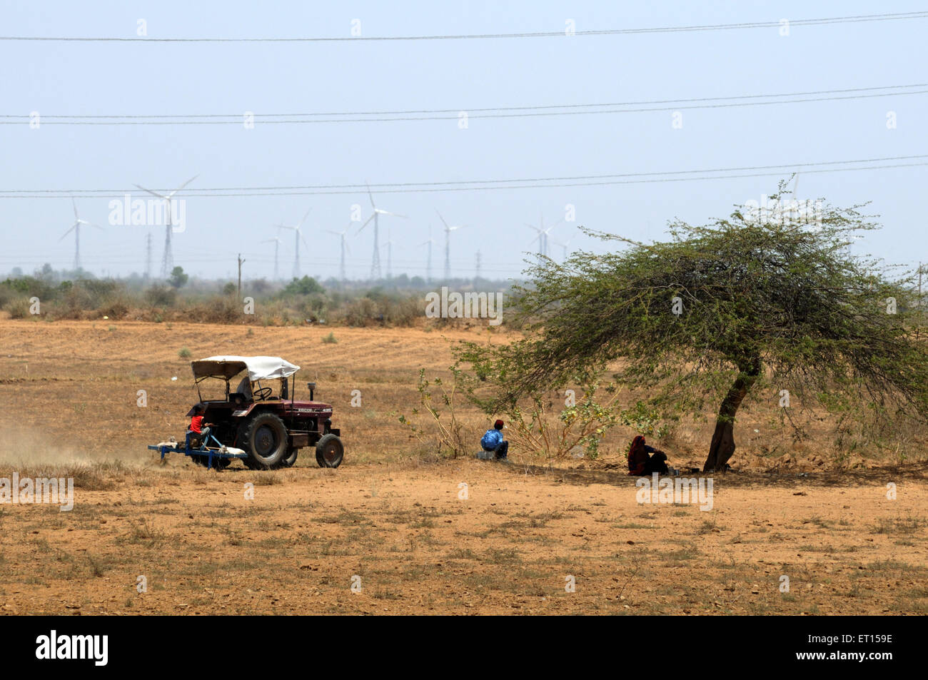 Tracteur en champ sec, Anjar, Kachchh, Kutch, Gujarat, Inde Banque D'Images