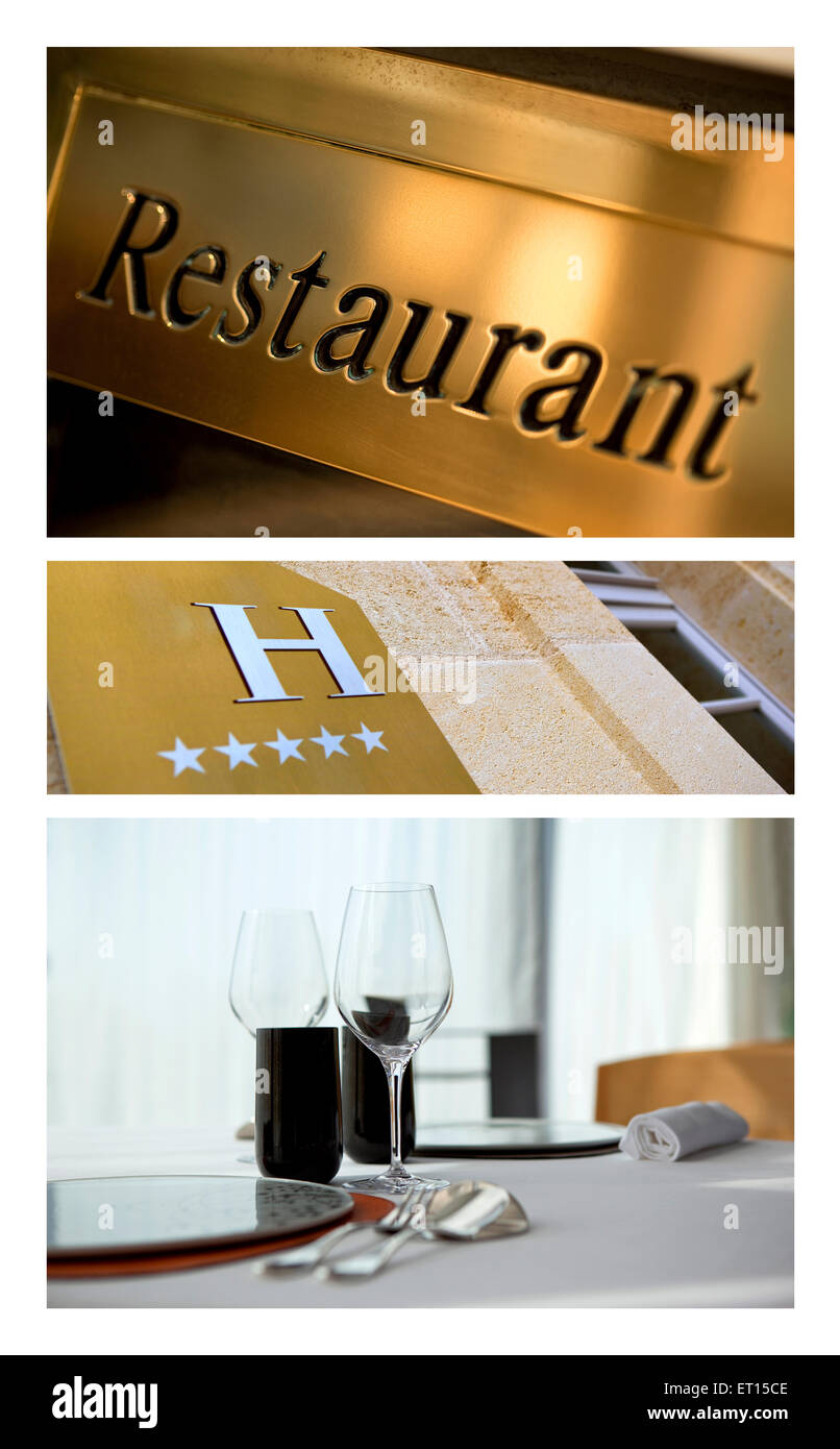 Hôtels et restaurants de luxe signes sur un collage Banque D'Images