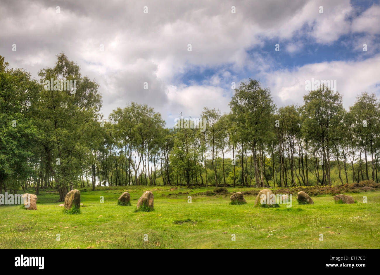 Neuf femmes Stone Circle, Stanton Moor, Derbyshire, Angleterre Banque D'Images